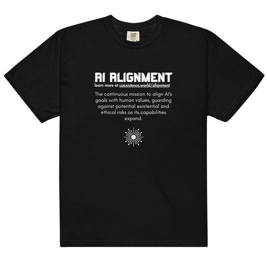 AI Alignment T-shirt promoting AI safety through a minimalist design and an educational message about aligning artificial intelligence with human ethics and values.