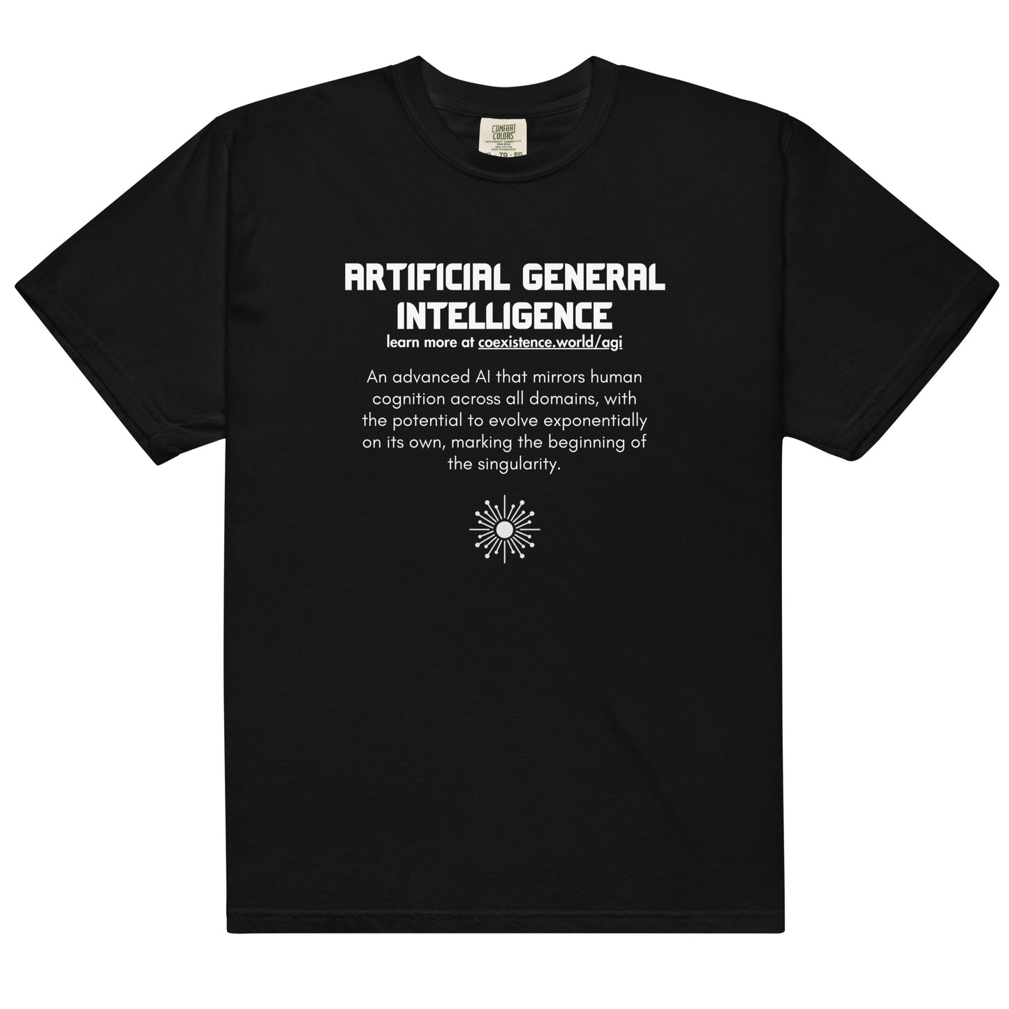 AGI Definition T-shirt promoting AI safety and alignment through a minimalist design and an educational message about the potential of Artificial General Intelligence.