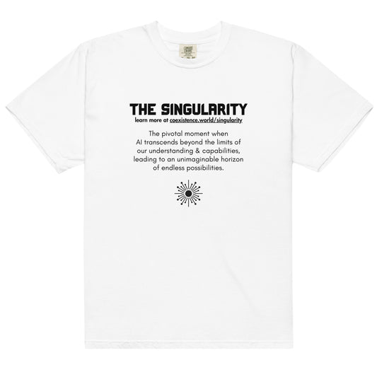 Singularity Definition T-shirt promoting AI safety awareness through a minimalist design and educational message about the technological singularity.