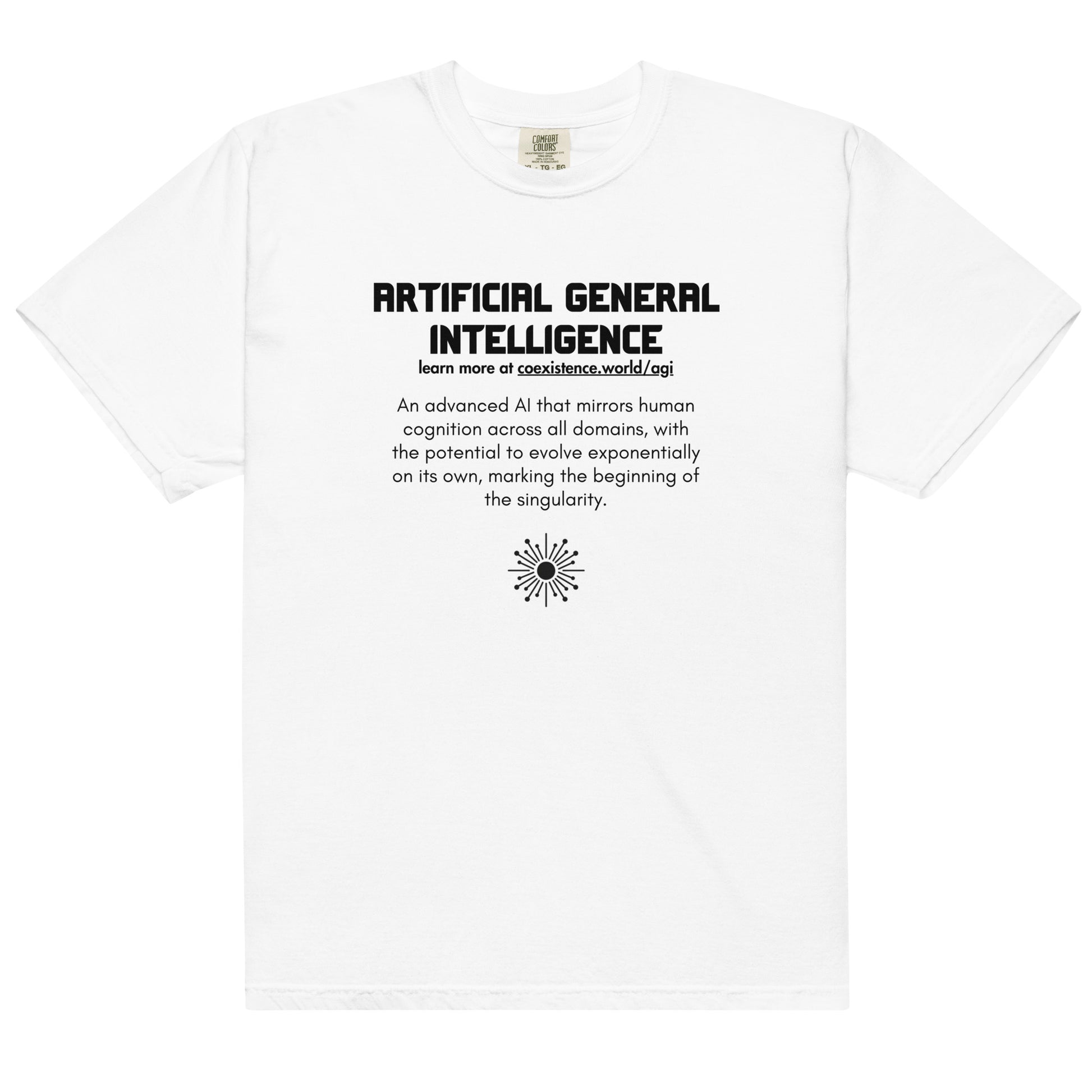 AGI Definition T-shirt promoting AI safety and alignment through a minimalist design and an educational message about the potential of Artificial General Intelligence.