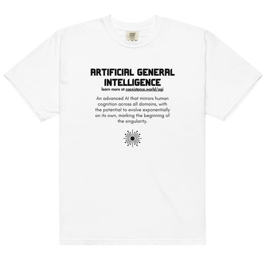 AGI Definition T-shirt promoting AI safety and alignment through a minimalist design and an educational message about the potential of Artificial General Intelligence.